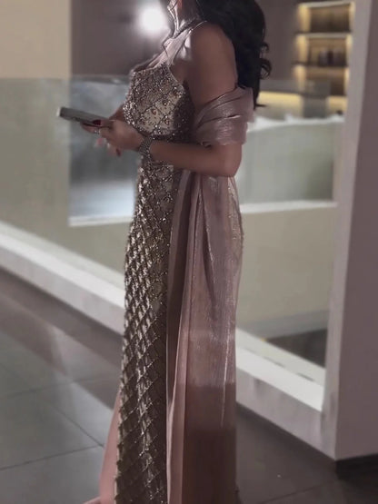 Luxury Pink Beaded Mermaid Evening Dress with Cape LA73366