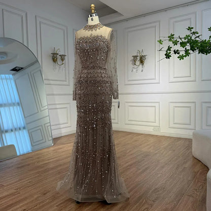 Luxury Arabic Turquoise Beaded Mermaid Evening Dress Long Sleeve LA72714C