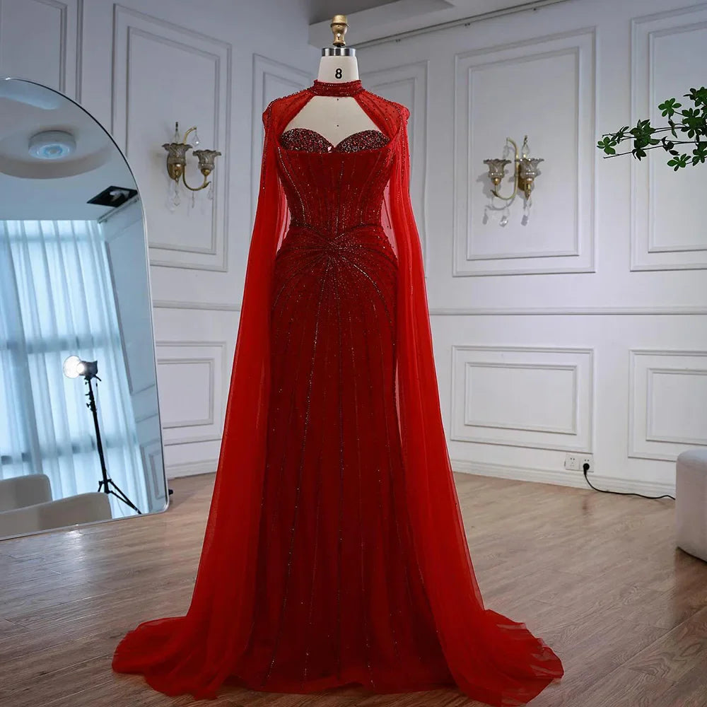 Nude Luxury Beaded Mermaid Evening Gown with Cape Sleeves LA72811A