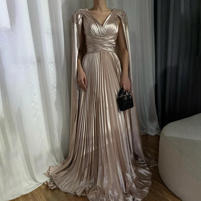 Rose Gold Beaded Satin A-Line Evening Dress with Cape Sleeves LA72663