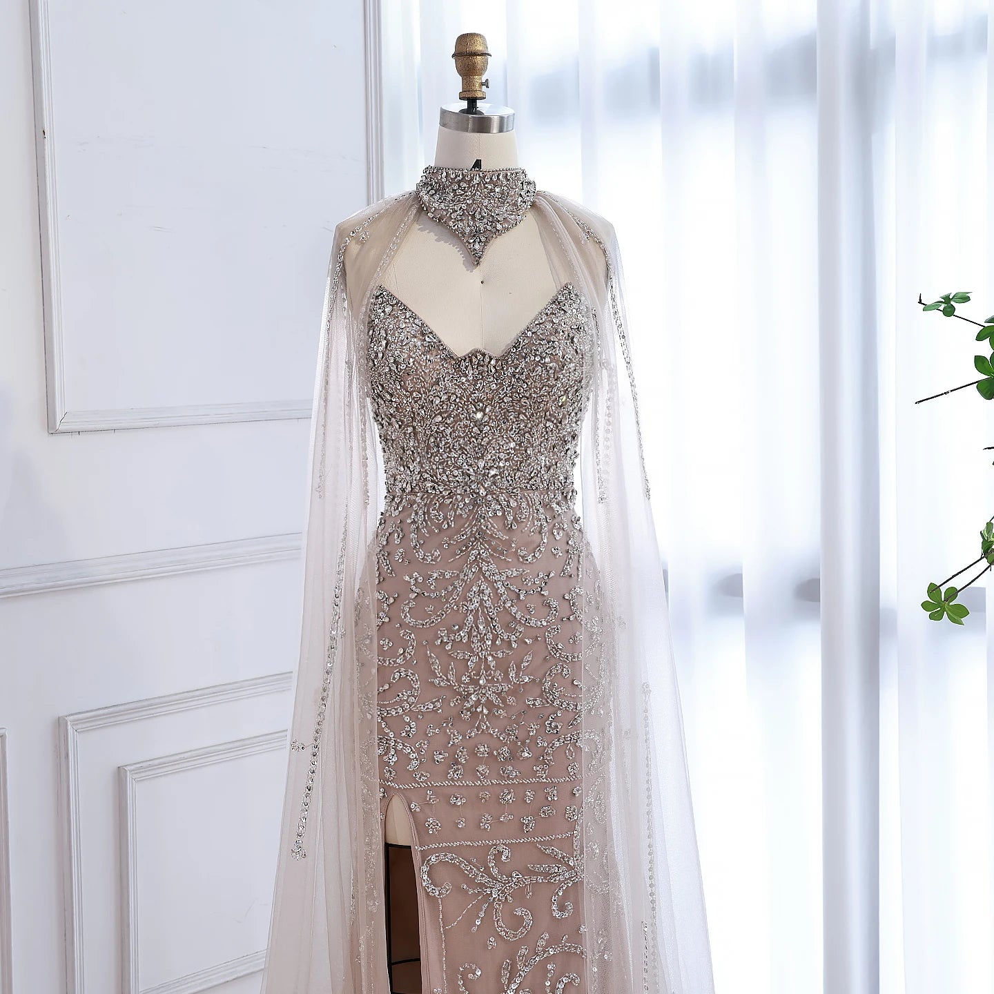 Luxury Sexy Split Evening Dress With Cape Nude LA73339