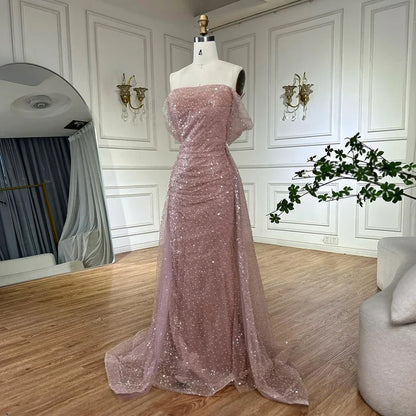 Luxury Dubai Customize  Pink Elegant Saudi Mermaid Beaded Arabic Evening Dresses Gown For Formal Occasion LA72204A