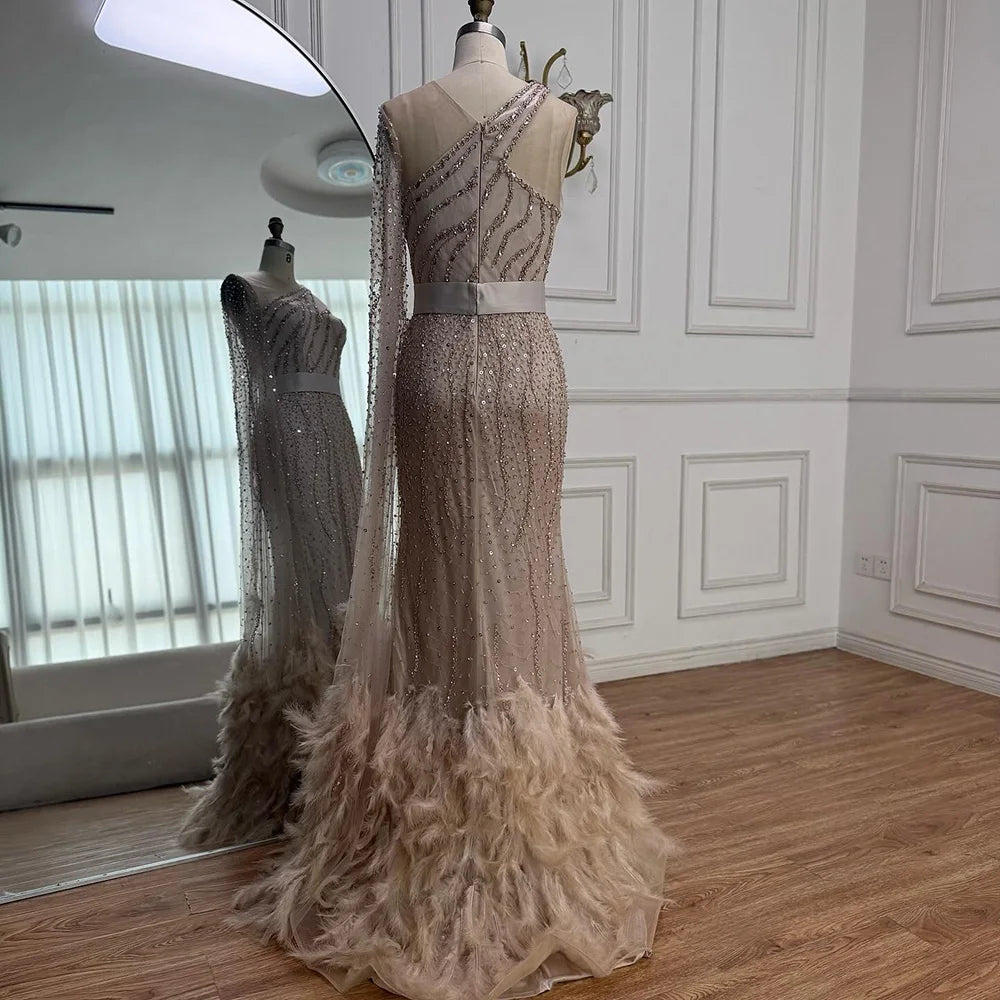 Elegant Nude One Shoulder Feather Beaded Mermaid Evening Dress LA71096