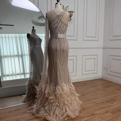 Elegant Nude One Shoulder Feather Beaded Mermaid Evening Dress LA71096