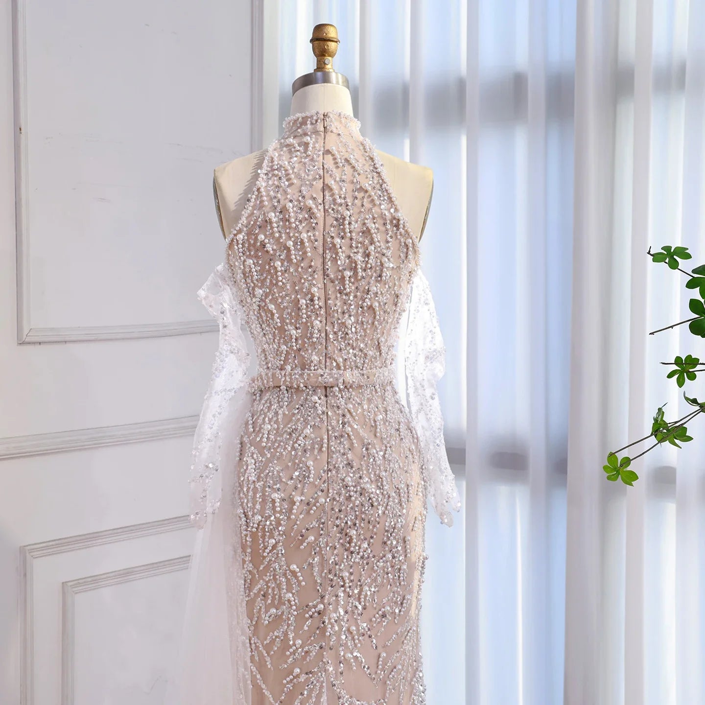 Luxury Lace Pearls Halter Mermaid Evening Dress With Glove White Nude LA72345F