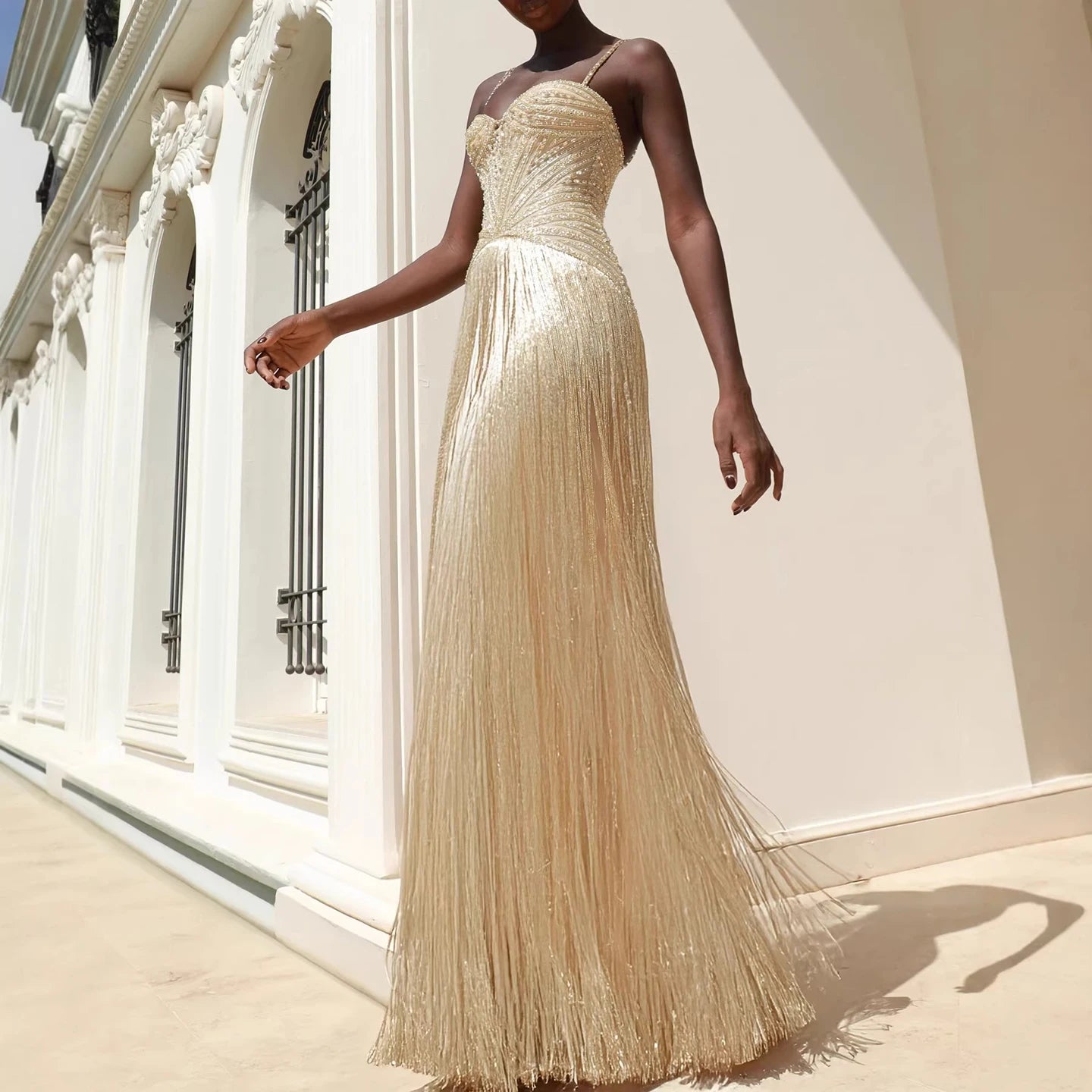 Luxury Arabic Gold Mermaid Beaded Tassel Evening Dress LA73446