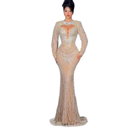 Luxury Nude Crystal Beaded Long Sleeve Mermaid Evening Dress LA73412