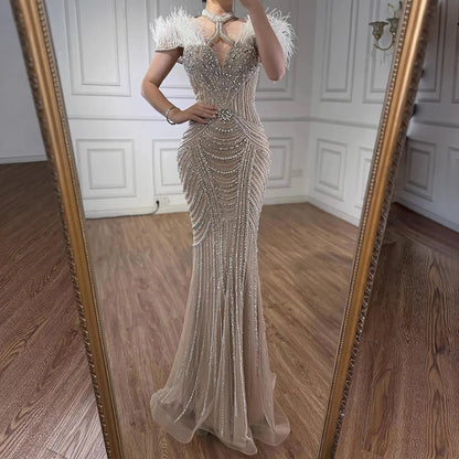 Luxury Pink Feather Halter Beaded Evening Gown for Wedding Party LA73212