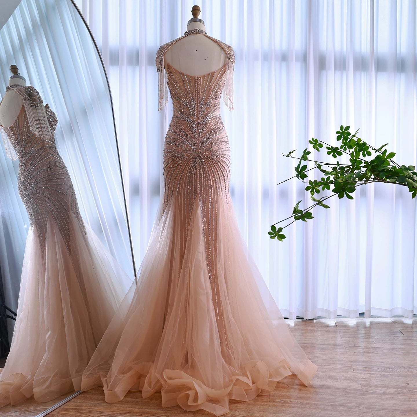 Luxury Dubai Beaded Blue Pink Evening Dress with Tassel Cape LA72897A