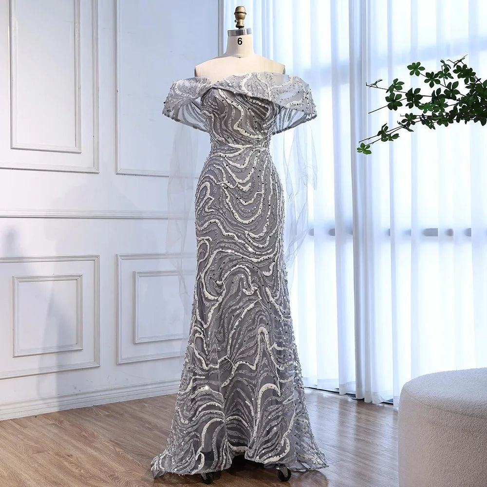 Luxury Gray Sequin Evening Dress with Cape Sleeves LA73125B