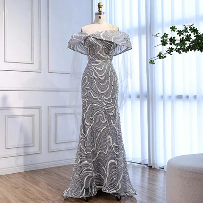 Luxury Gray Sequin Evening Dress with Cape Sleeves LA73125B