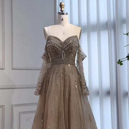 Luxury Caramel Crystal Beaded Strapless Long Sleeve Mermaid Evening Dress LA73130