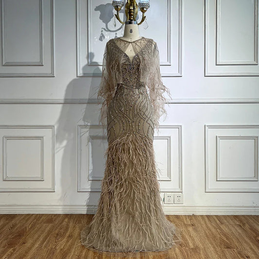 Luxury Caramel Feather Beaded Mermaid Evening Dress LA71866