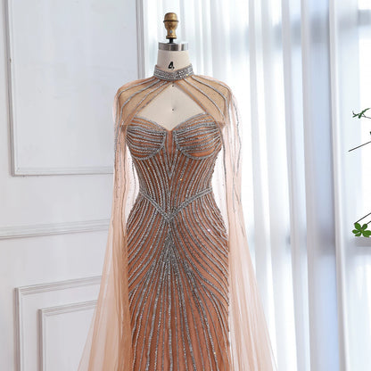 Luxuriöses, nudefarbenes Meerjungfrauen-Abendkleid mit Cape-Ärmeln LA73118