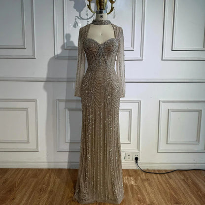 Caramel Beaded Mermaid Evening Dress with Long Sleeves LA72560B