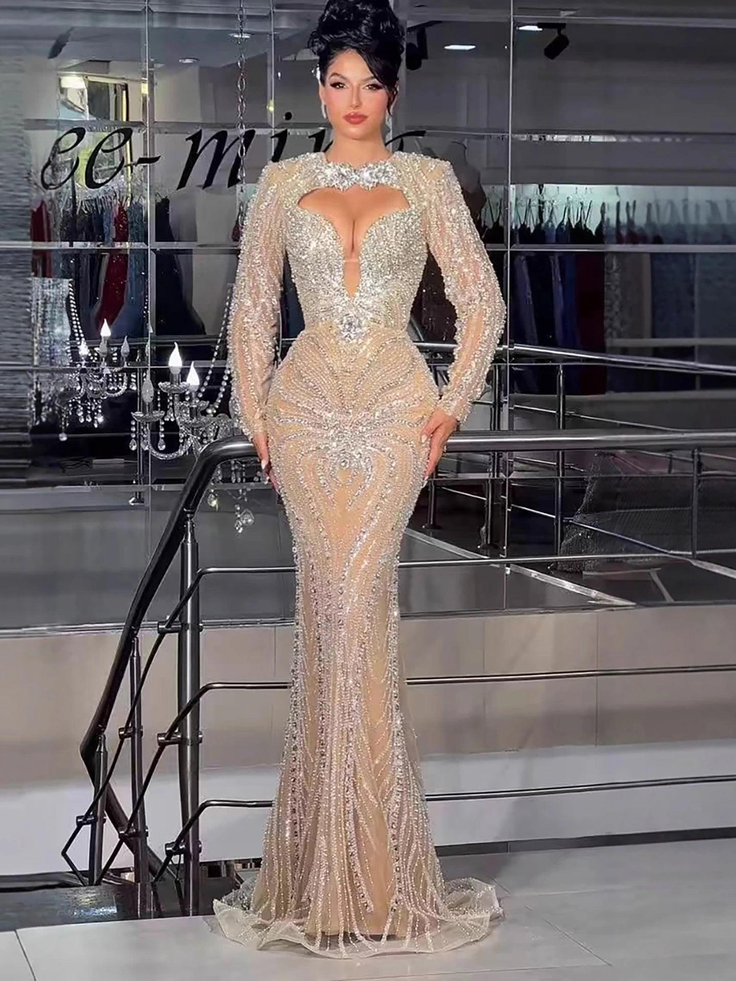 Luxury Nude Crystal Beaded Long Sleeve Mermaid Evening Dress LA73412