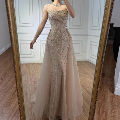 Luxury Arabic Pink Beaded Mermaid Evening Dress with Overskirt LA73084