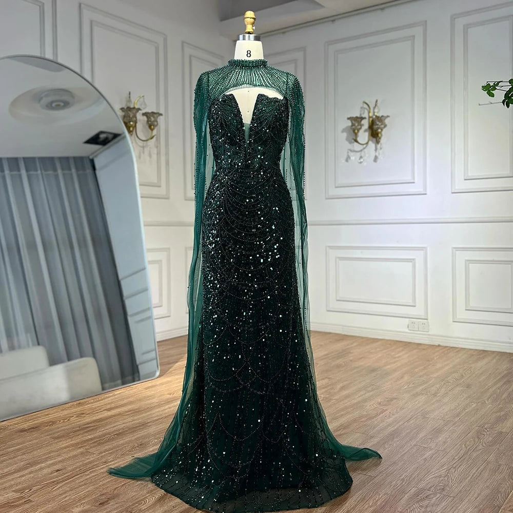 Luxuriöses Abendkleid mit Perlen in Nude-Farben und langem, transparentem Cape LA72189A 