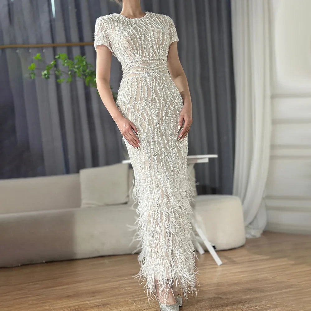 White Nude Ankle Length Beaded Evening Dress with Feathers LA72076A