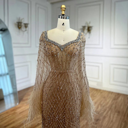 Luxury Nude Beaded Evening Dress with Feather Cuffs LA72892