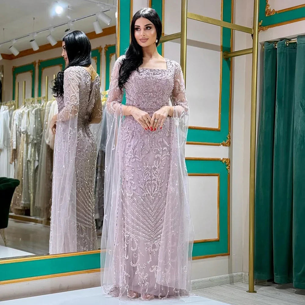 Arabic Caramel Beaded Mermaid Evening Dress with Cape Sleeves LA72400A