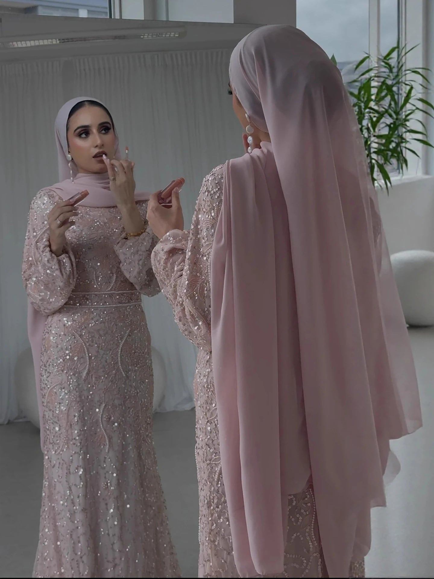 Luxury Pink Pearls Beaded Muslim Mermaid Evening Dress LA73417