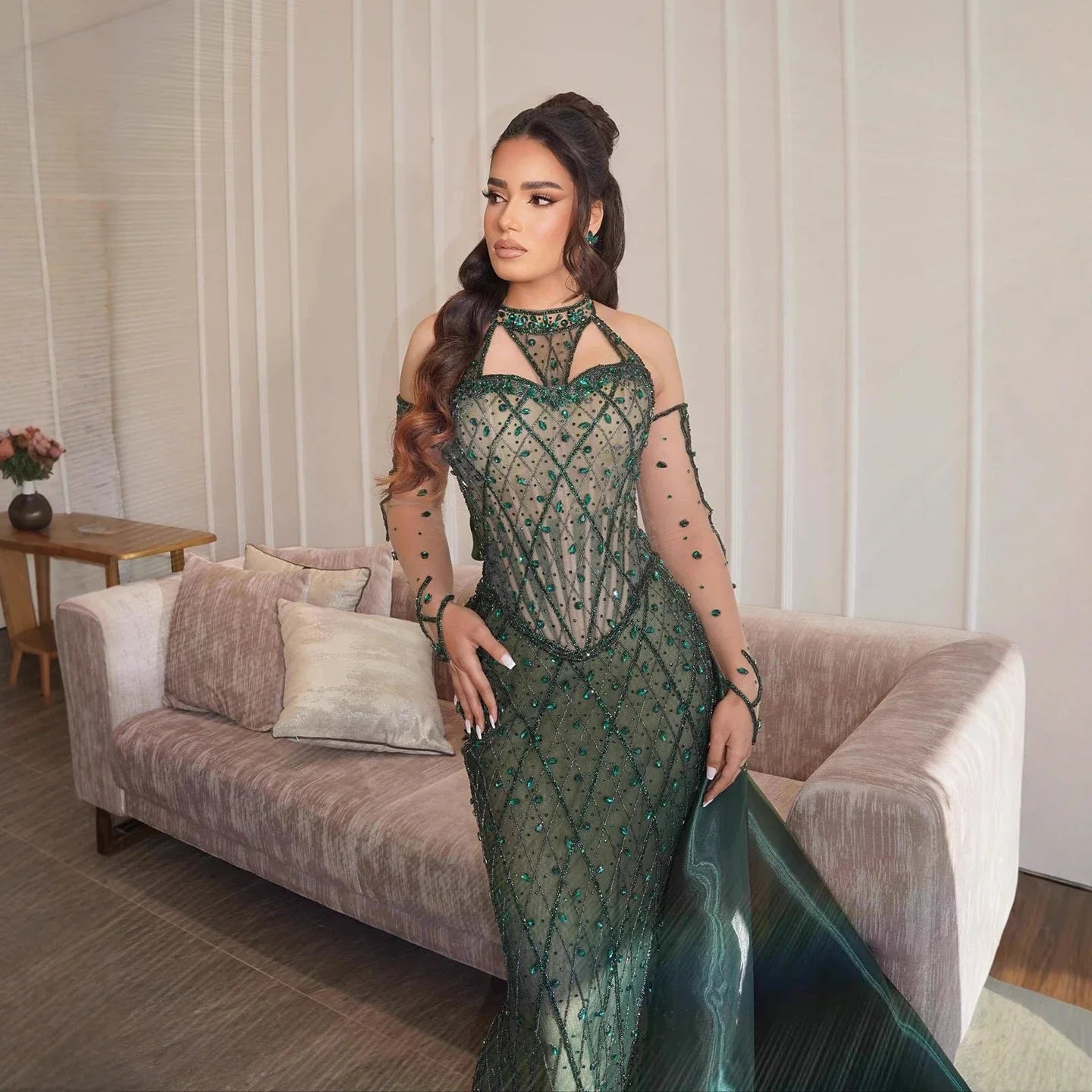 Luxury Green Halter Beaded Dubai Corset Evening Dress LA73322
