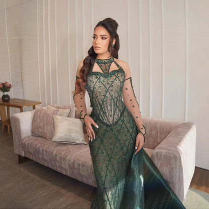 Luxury Green Halter Beaded Dubai Corset Evening Dress LA73322