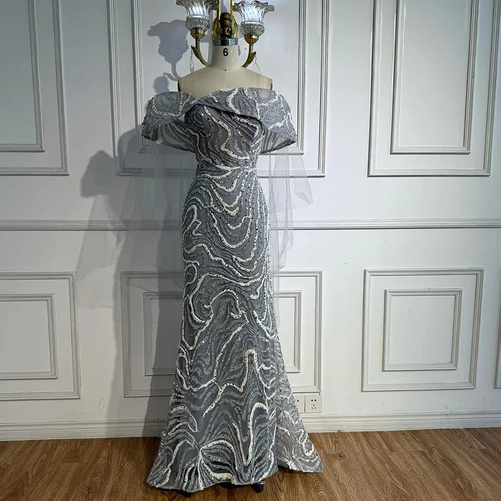 Luxury Gray Sequin Evening Dress with Cape Sleeves LA73125B