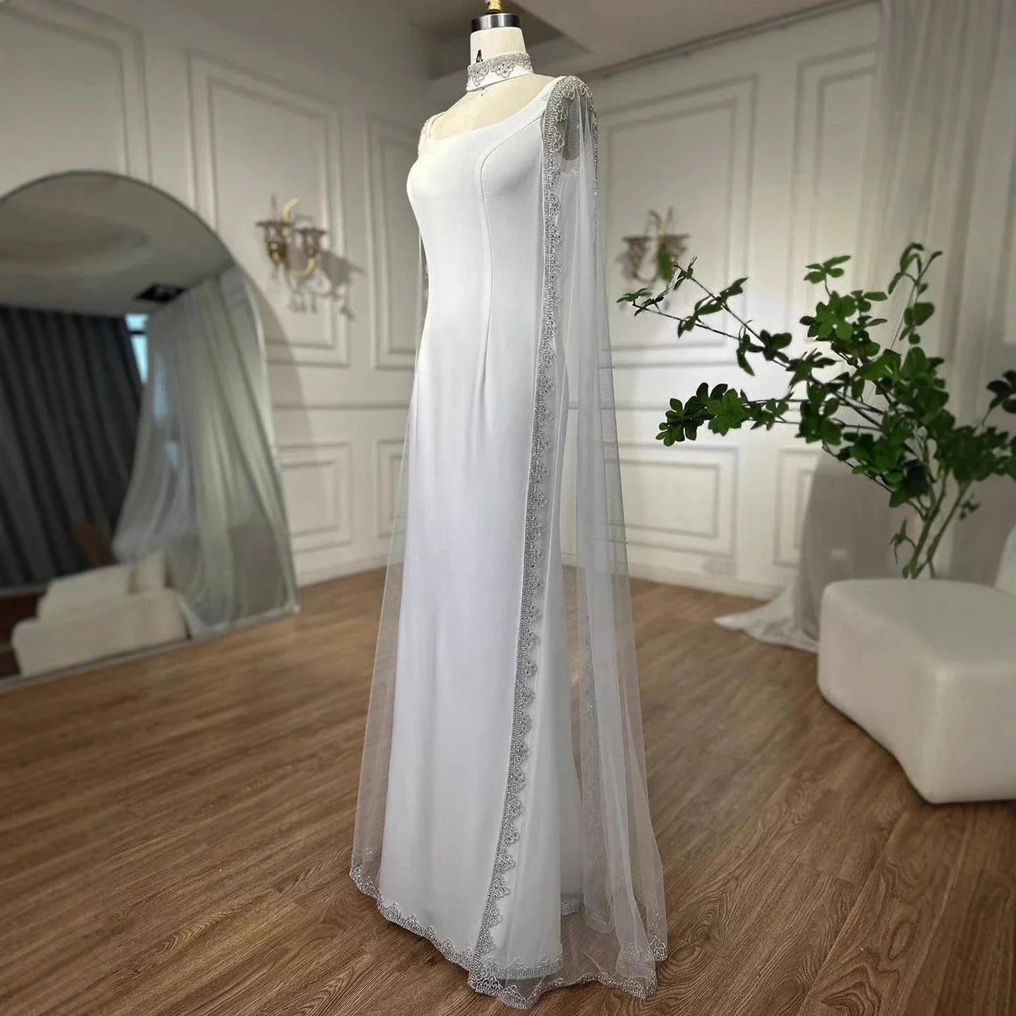 Luxury Blue Mermaid Beaded Evening Dress with Cape Sleeves LA72086