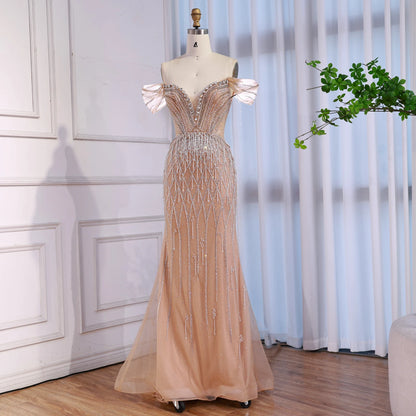 Luxury Nude Off Shoulder Beaded Tassel Evening Dress LA72854A
