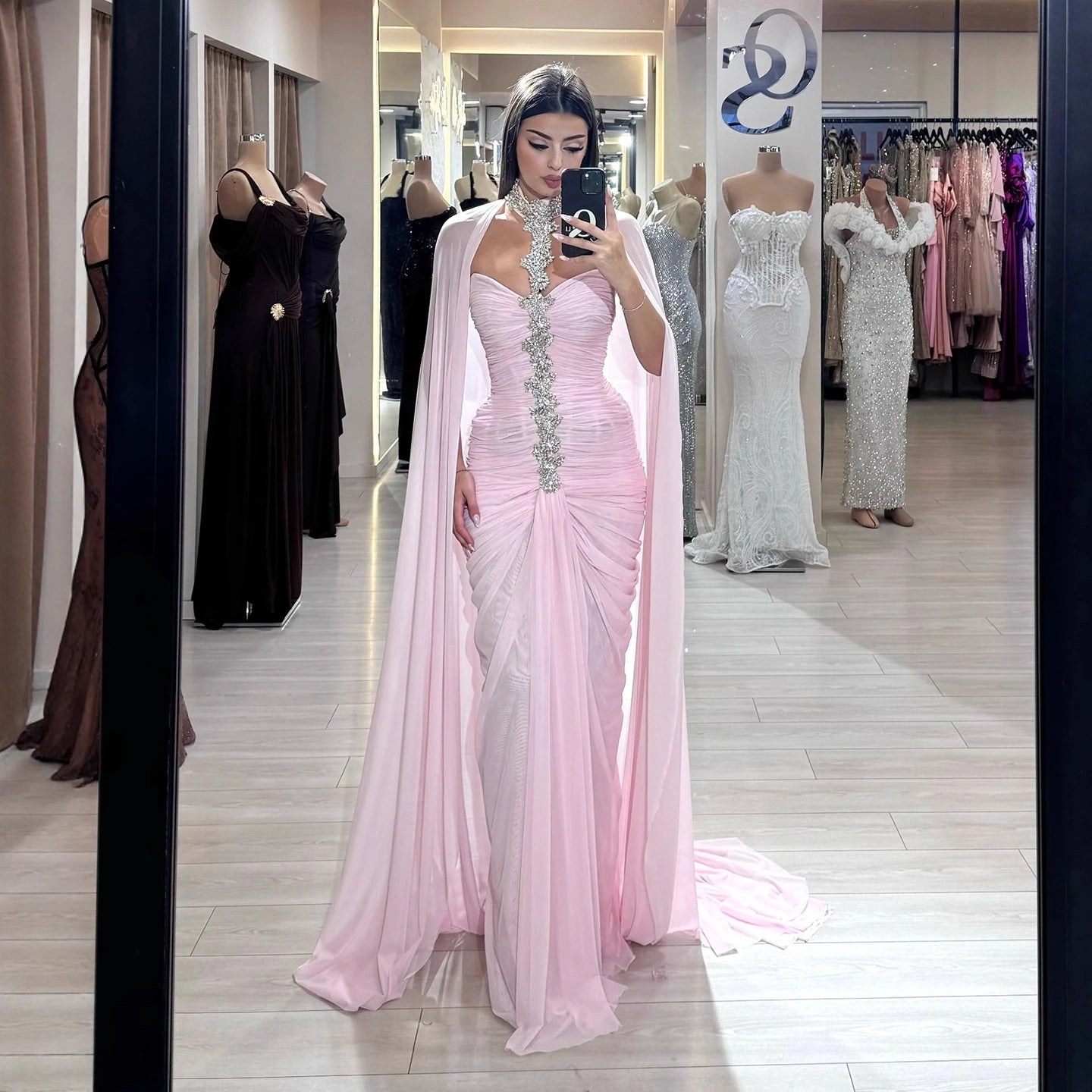 Luxury Pink Halter Crystal Beaded Evening Dress with Cape LA73374