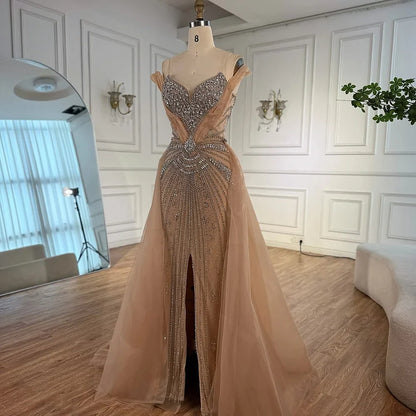Luxury Nude Beaded Mermaid Evening Dress with Overskirt and Slit LA73034