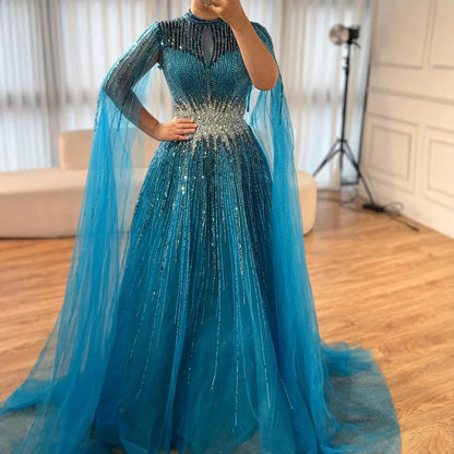 Luxury Modest Blue Beaded Evening Dress with Cape LA73059