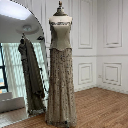 Luxury Caramel Satin Beaded Evening Dress with Corset Bodice LA72805C