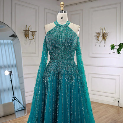 Luxury Turquoise Beaded A Line Evening Dress with Cape Sleeves LA72820