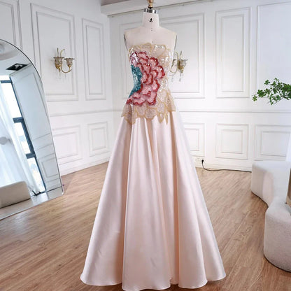Luxury Chic Arabic Designer  Beaded Satin A-Line Evening Dress  LA72195B