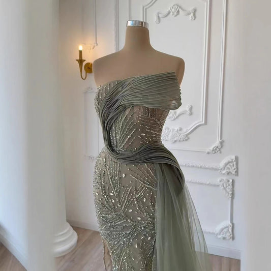 Luxury Arabic Olive Green Ruffles Evening Dress with Train LA73356