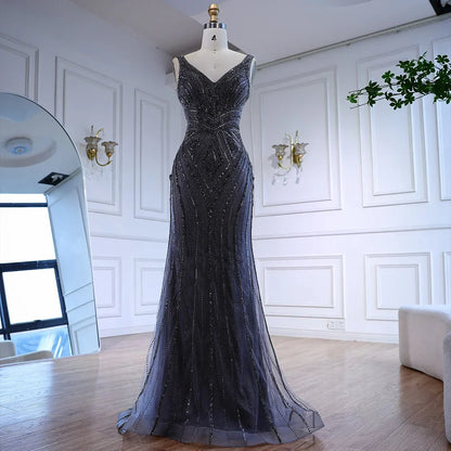 V Neck Beaded Sleeveless Mermaid Evening Dress LA73013