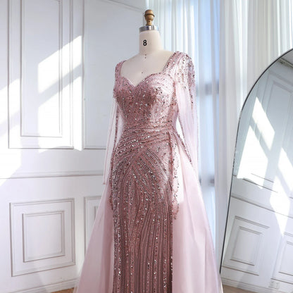 Luxury Dubai Pink Evening Dress Long Sleeve with Train LA73198