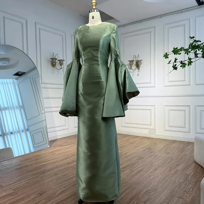 Luxury Sage Green Satin Evening Dress with Bell Sleeves 2025 LA73094