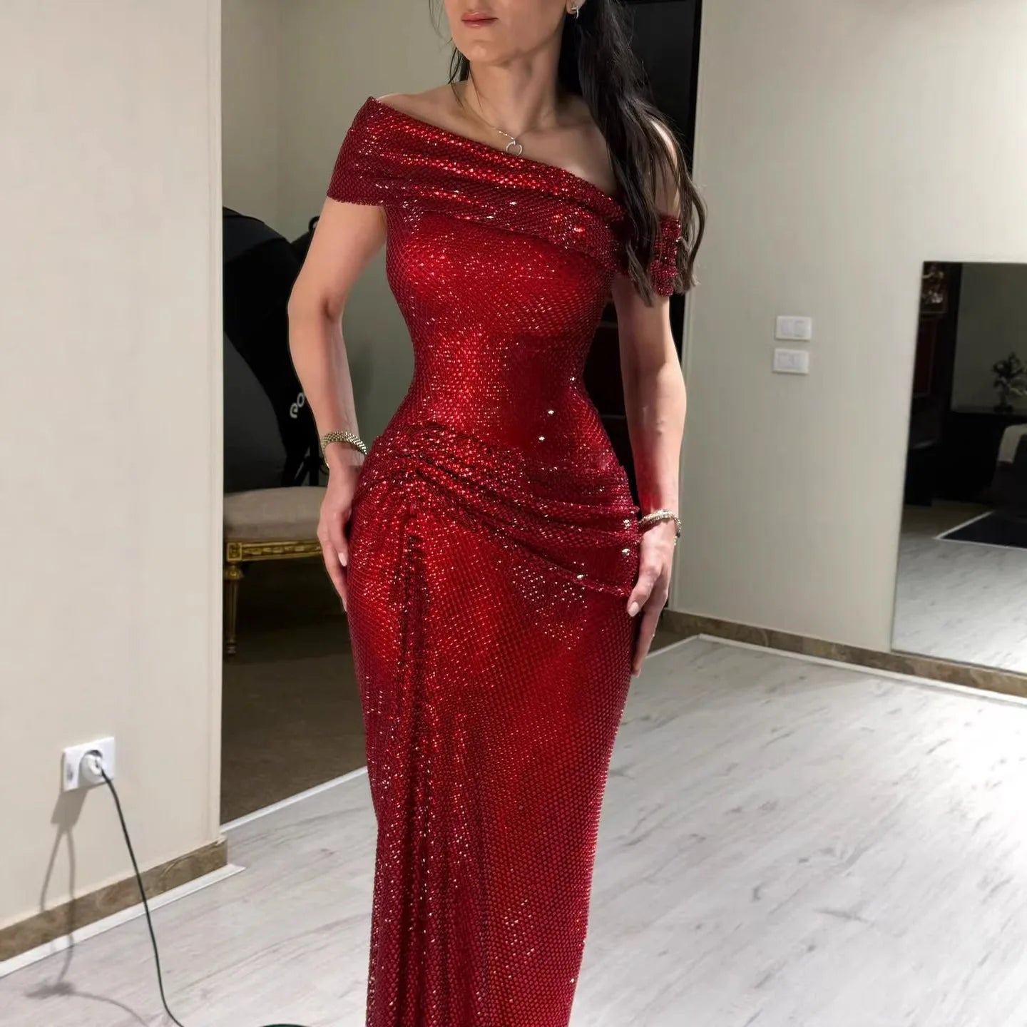 Red Beaded Mermaid Gown | Serene Hill Dubai LA73437