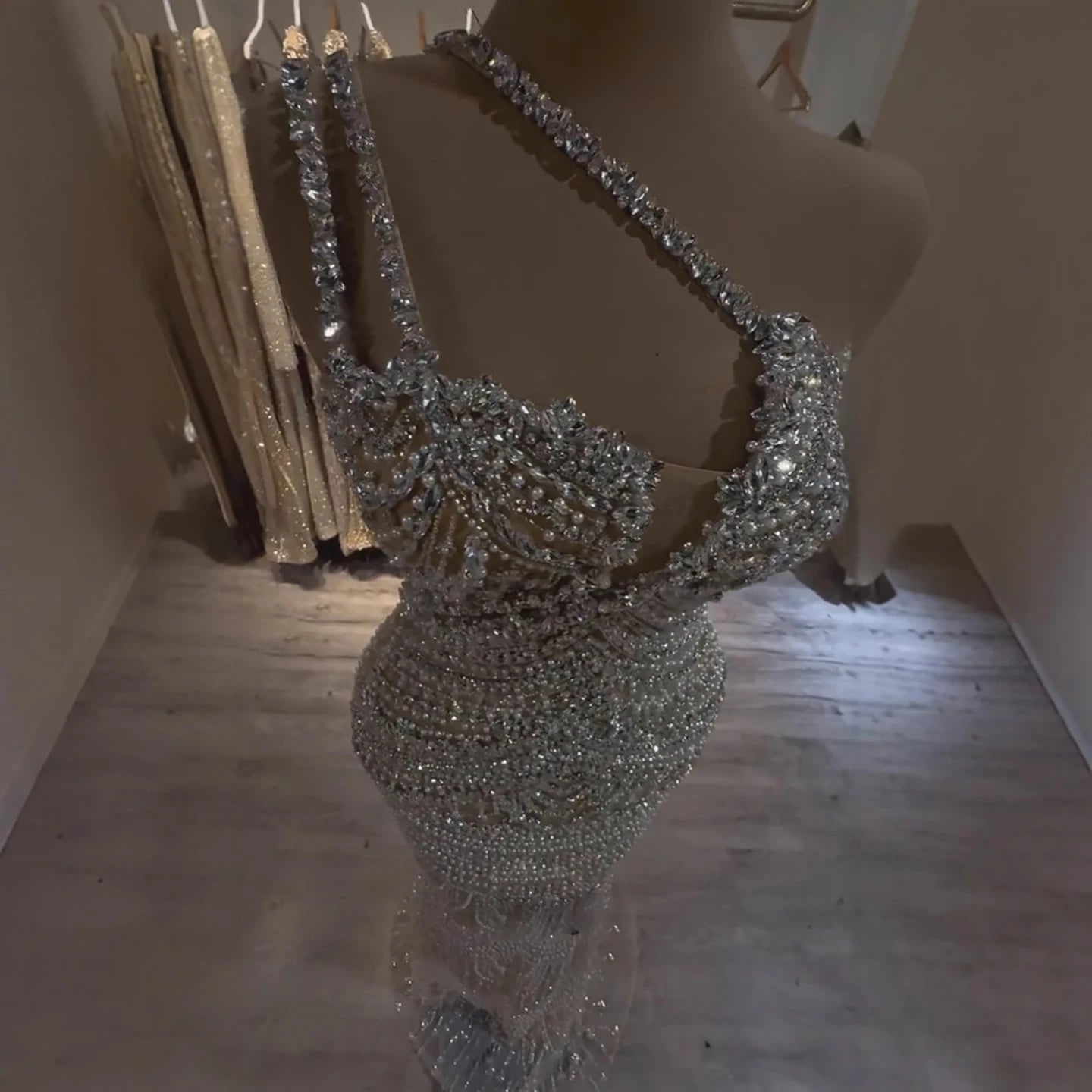 Luxury Silver Nude One Shoulder Pearls Beaded Gowns LA73371