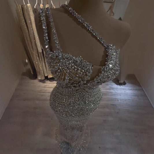 Luxury Silver Nude One Shoulder Pearls Beaded Gowns LA73371