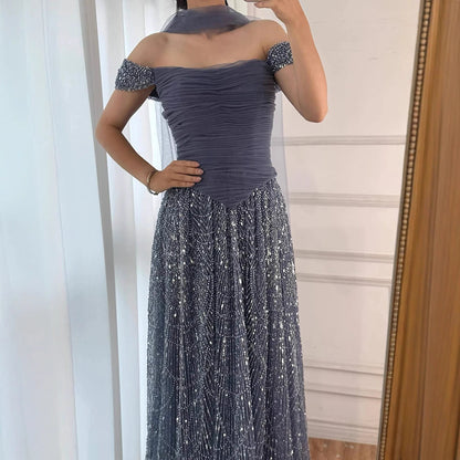 Luxury Arabic Pink Pearls Beaded Evening Dress With Cape LA72922