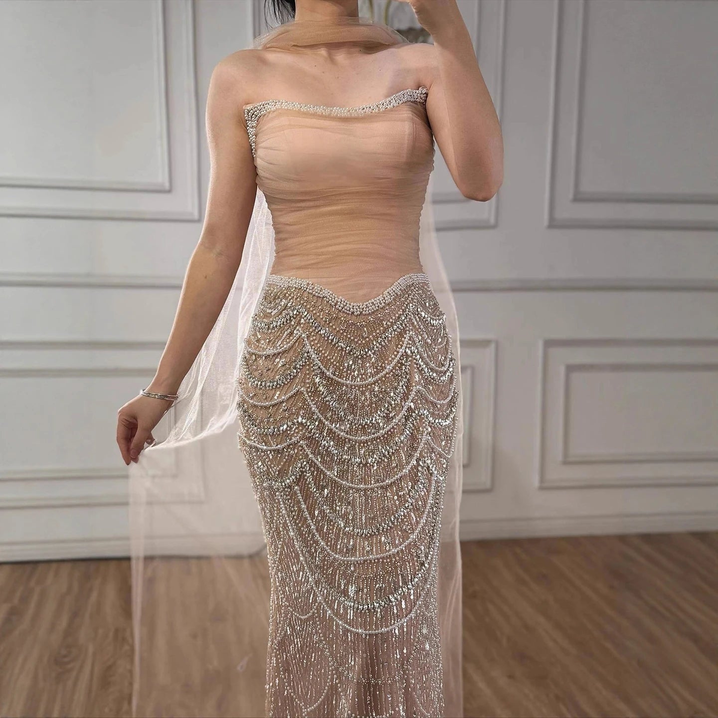 Luxury Nude Mermaid Crystal Evening Dress for Wedding Guest LA73320
