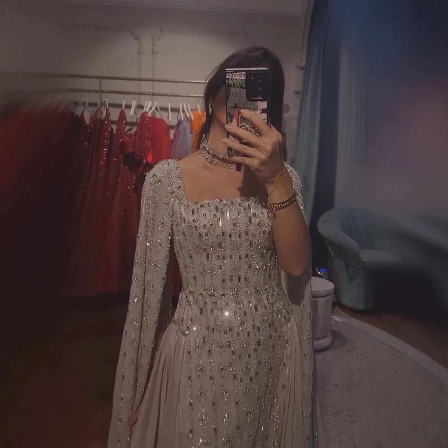 Luxury Silver Dubai Crystal Evening Dress with Cape LA73272