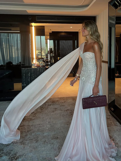 Luxury Pink Arabic Floral Evening Dress With Cape LA73451