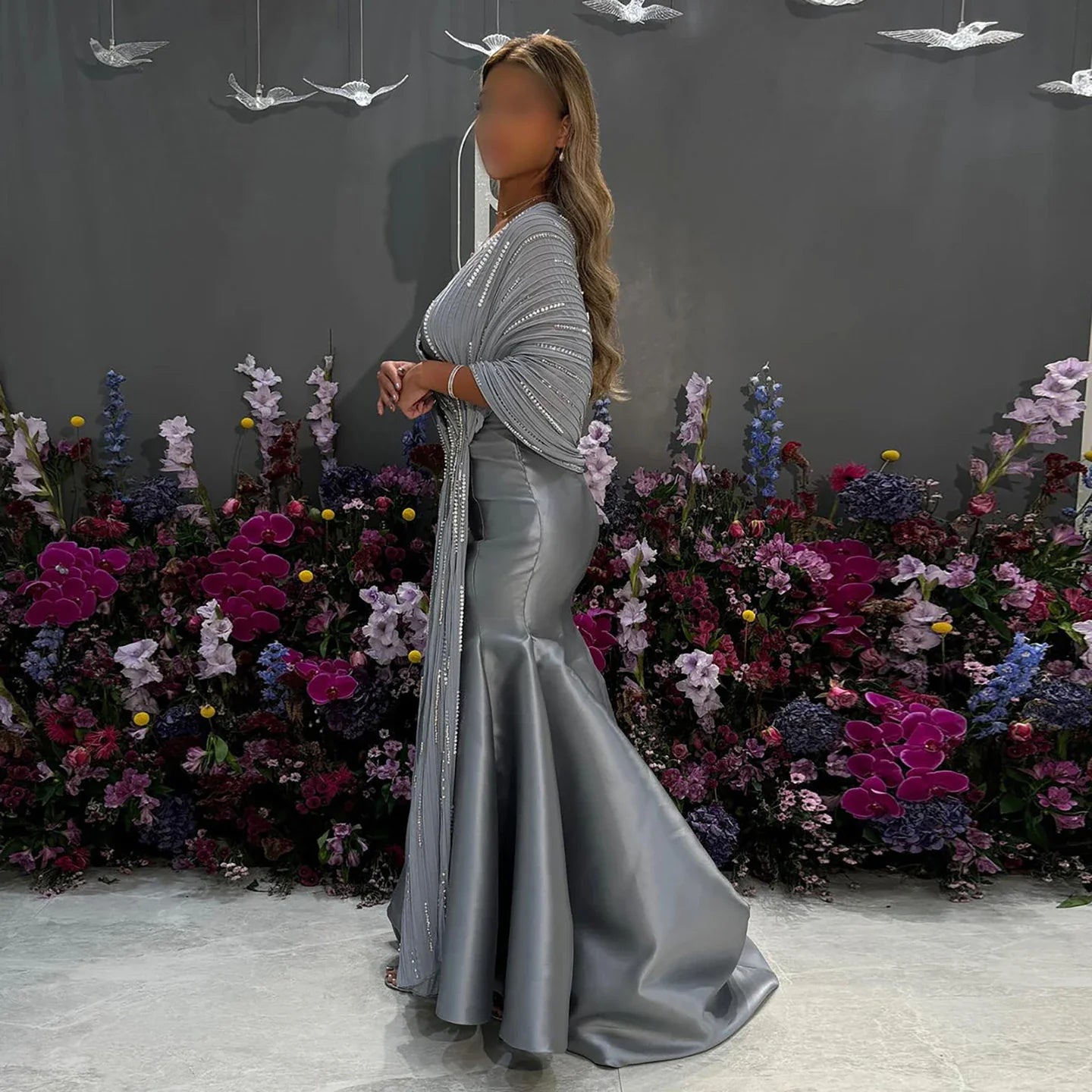 Luxury Dubai Grey Peach Arabic Evening Gown with Ruffles Shawl LA73270