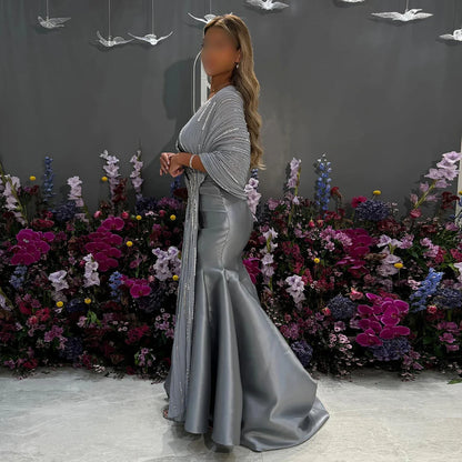 Luxury Dubai Grey Peach Arabic Evening Gown with Ruffles Shawl LA73270